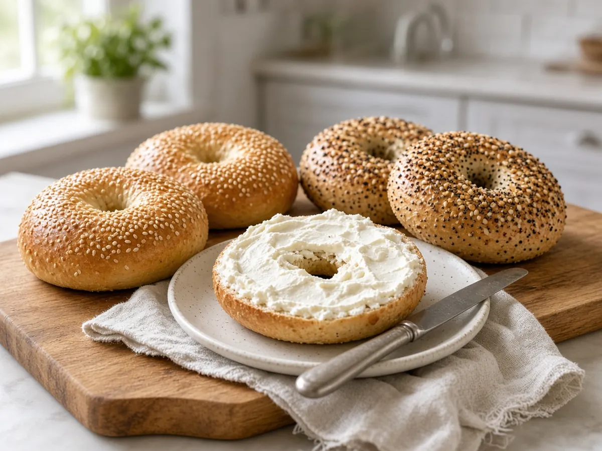 New York–Style Bagels: Dense, chewy bagels made with bread flour and boiled before baking for a shiny crust.