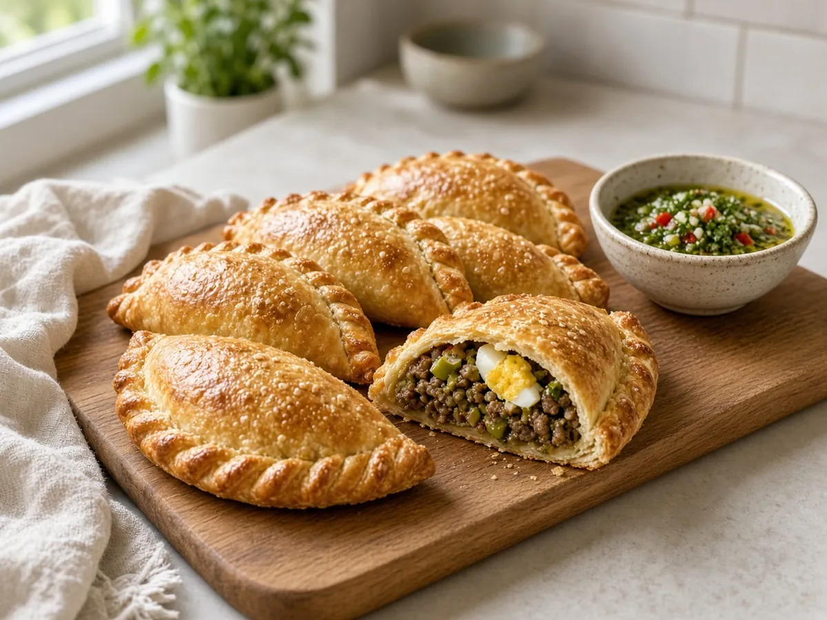 Baked Beef Empanadas: Golden baked hand pies with a flaky butter dough and a cumin-spiced beef, olive and egg filling.