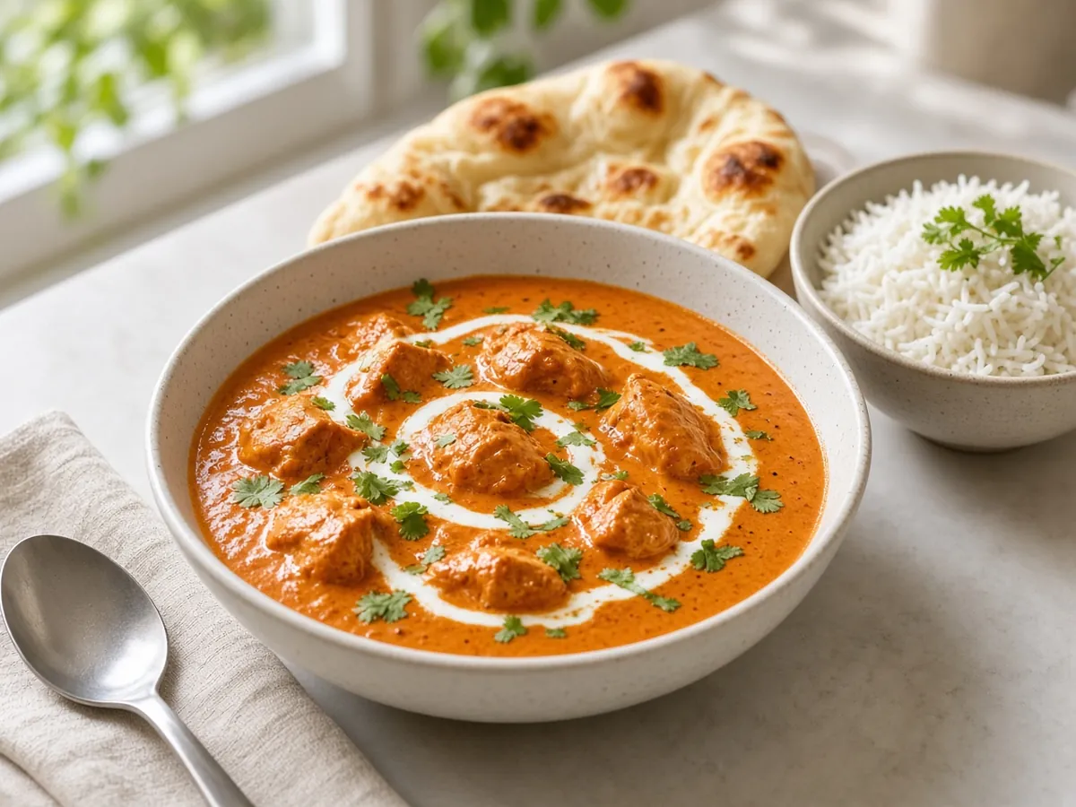 Butter Chicken (Murgh Makhani): Tender yogurt-marinated chicken in a silky tomato, butter and cream sauce with warm spices.