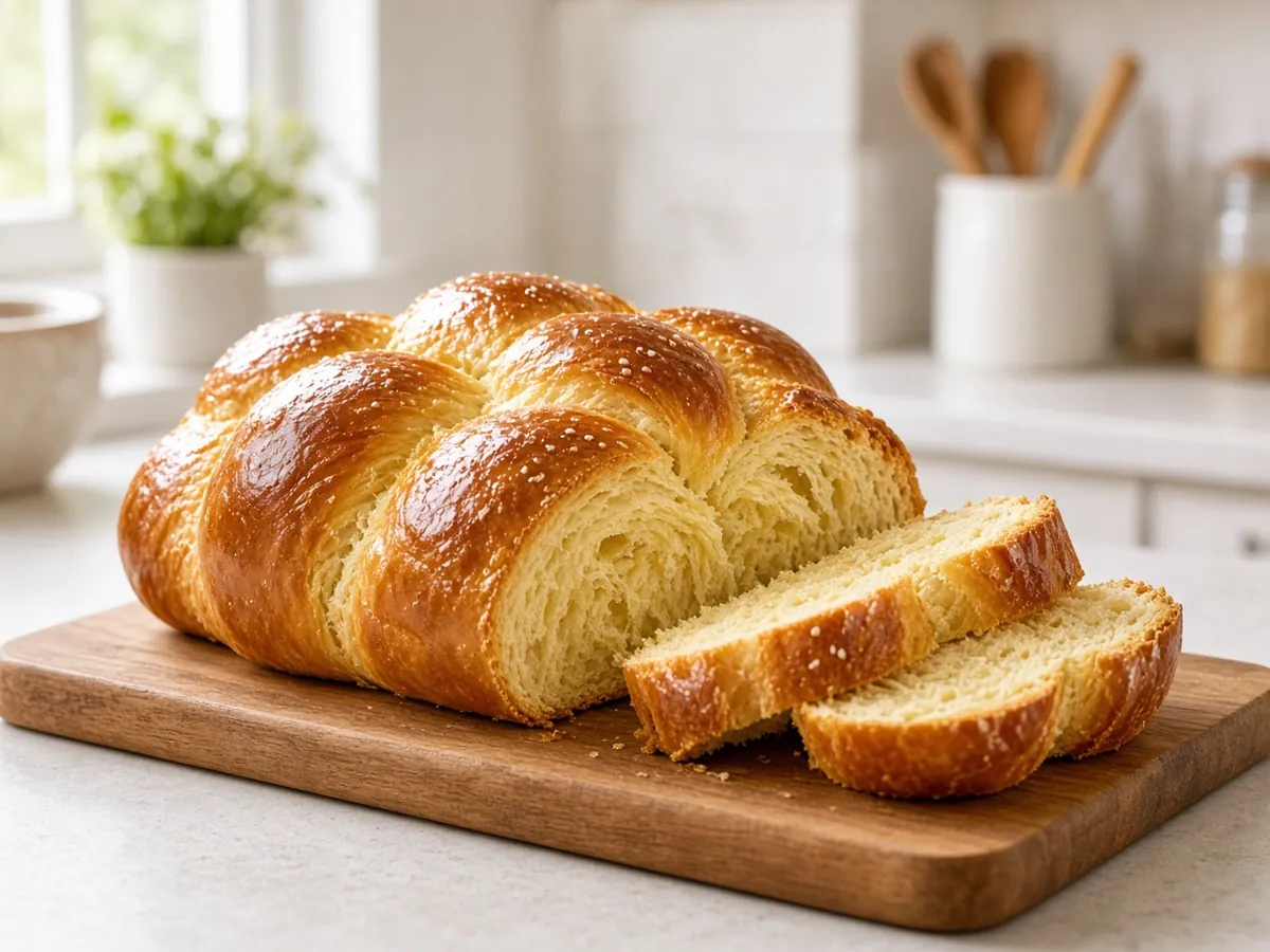 Challah: A glossy, gently sweet braided egg bread with a soft, feathery crumb.