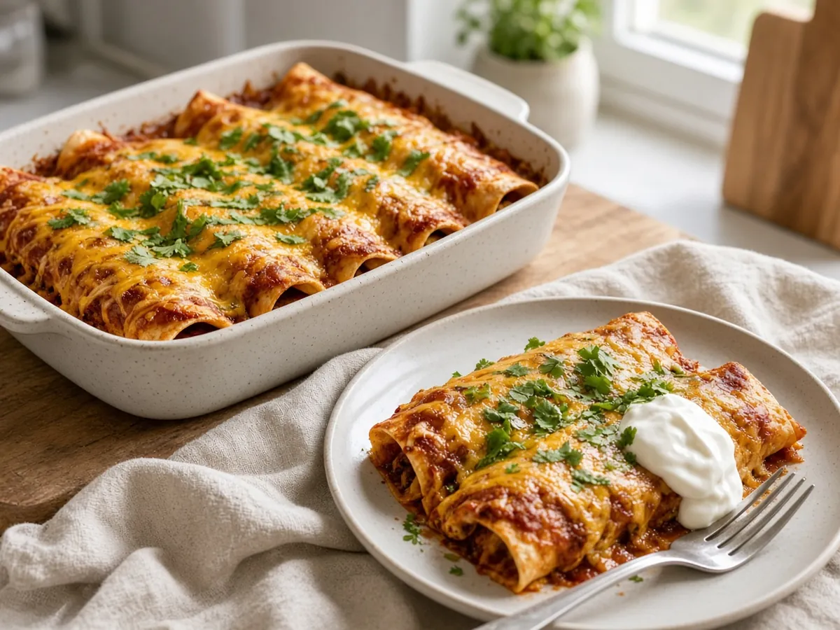 Chicken Enchiladas: Tortillas rolled around a cheesy chicken and green chile filling, smothered in red sauce and baked.