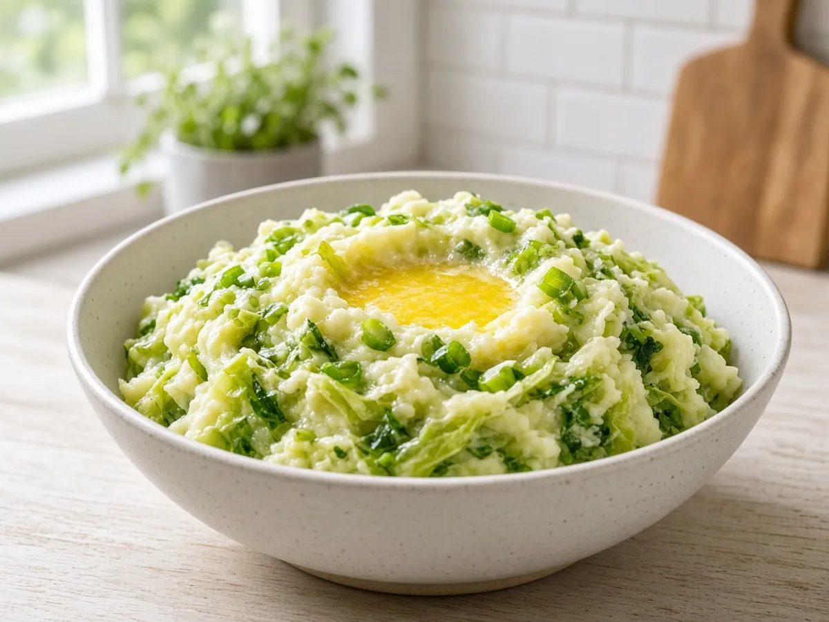 Colcannon: Buttery Irish mashed potatoes folded with tender cabbage and green onions.