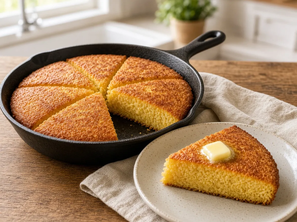 Buttermilk Cornbread: Lightly sweet, tender cornbread with crisp edges, baked in a square pan or skillet.