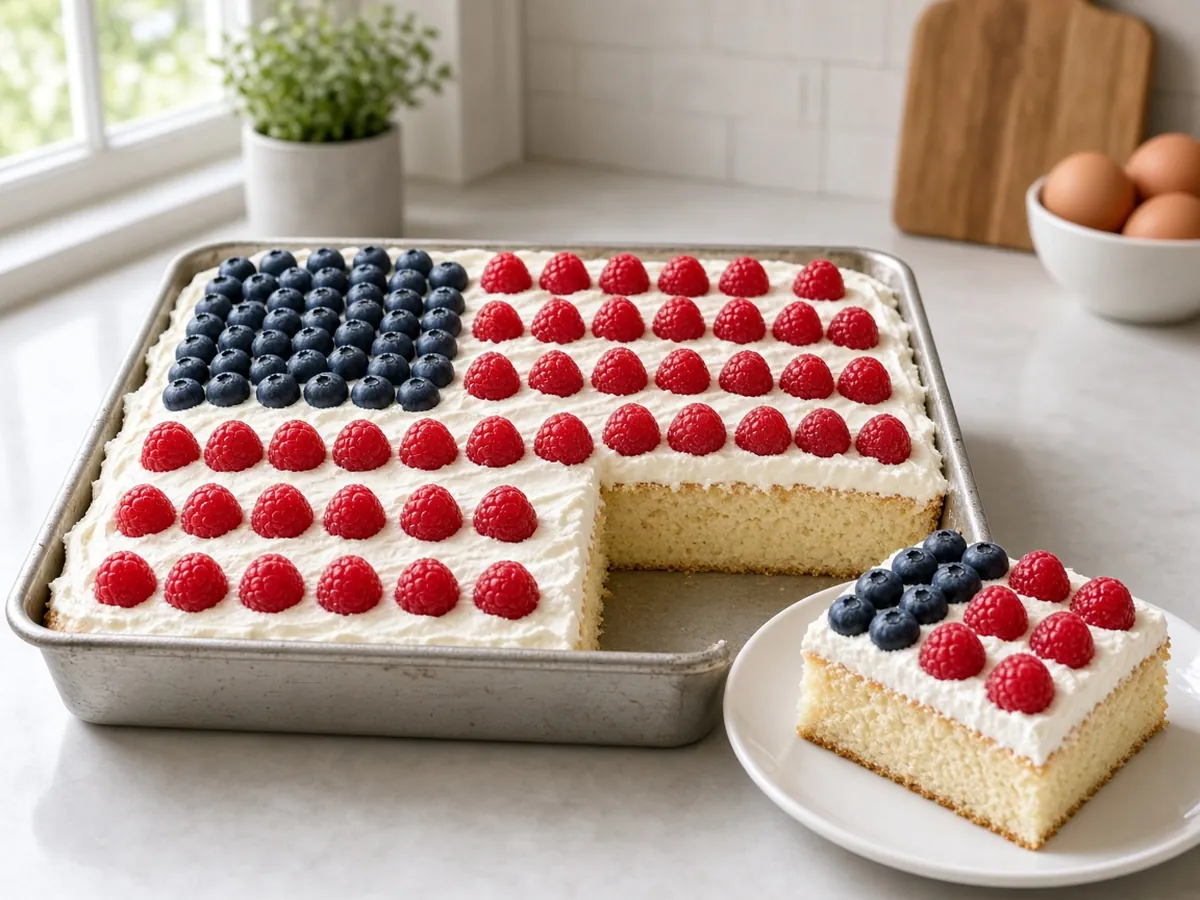 Flag Sheet Cake: An easy vanilla sheet cake with whipped cream frosting, decorated as a flag with blueberries and raspberries.