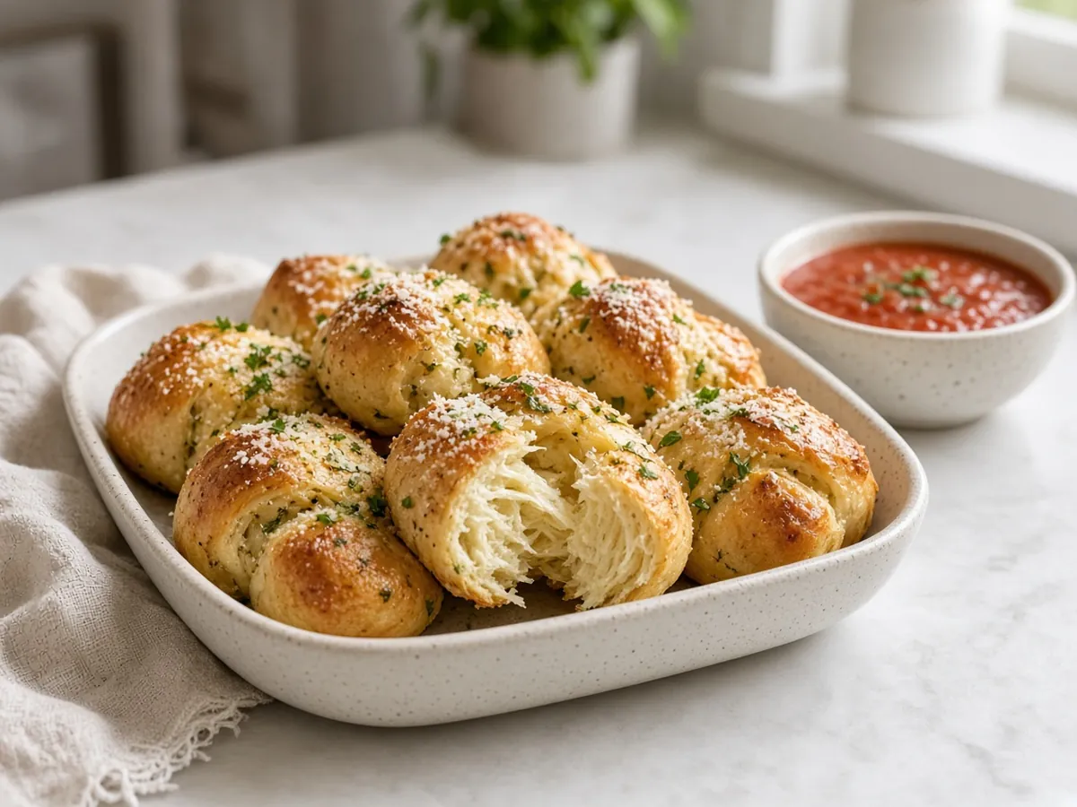 Garlic Knots: Soft, chewy knots of pizza dough brushed with garlic butter, parsley and Parmesan.