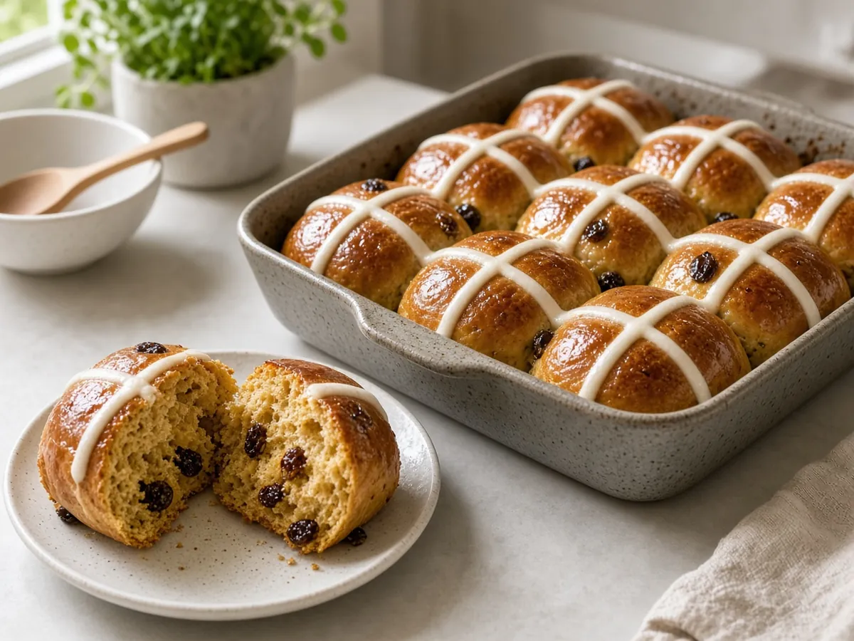 Hot Cross Buns: Soft, spiced sweet buns studded with raisins and marked with a cross, glazed while warm.