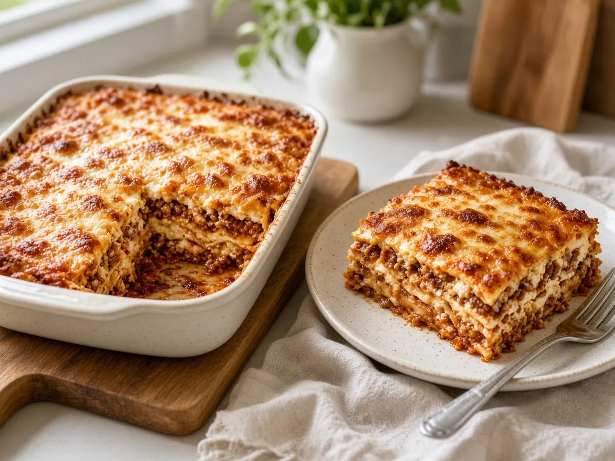 Classic Meat Lasagna: Layers of tender noodles, meaty tomato sauce, creamy ricotta and melted mozzarella.