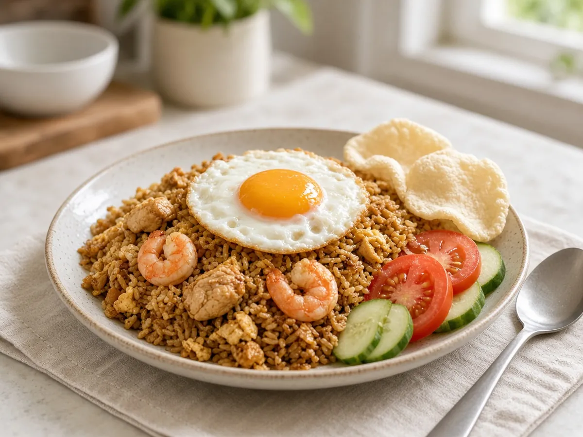 Nasi Goreng (Indonesian Fried Rice): Smoky, sweet-savory fried rice with kecap manis and chile, topped with a fried egg.