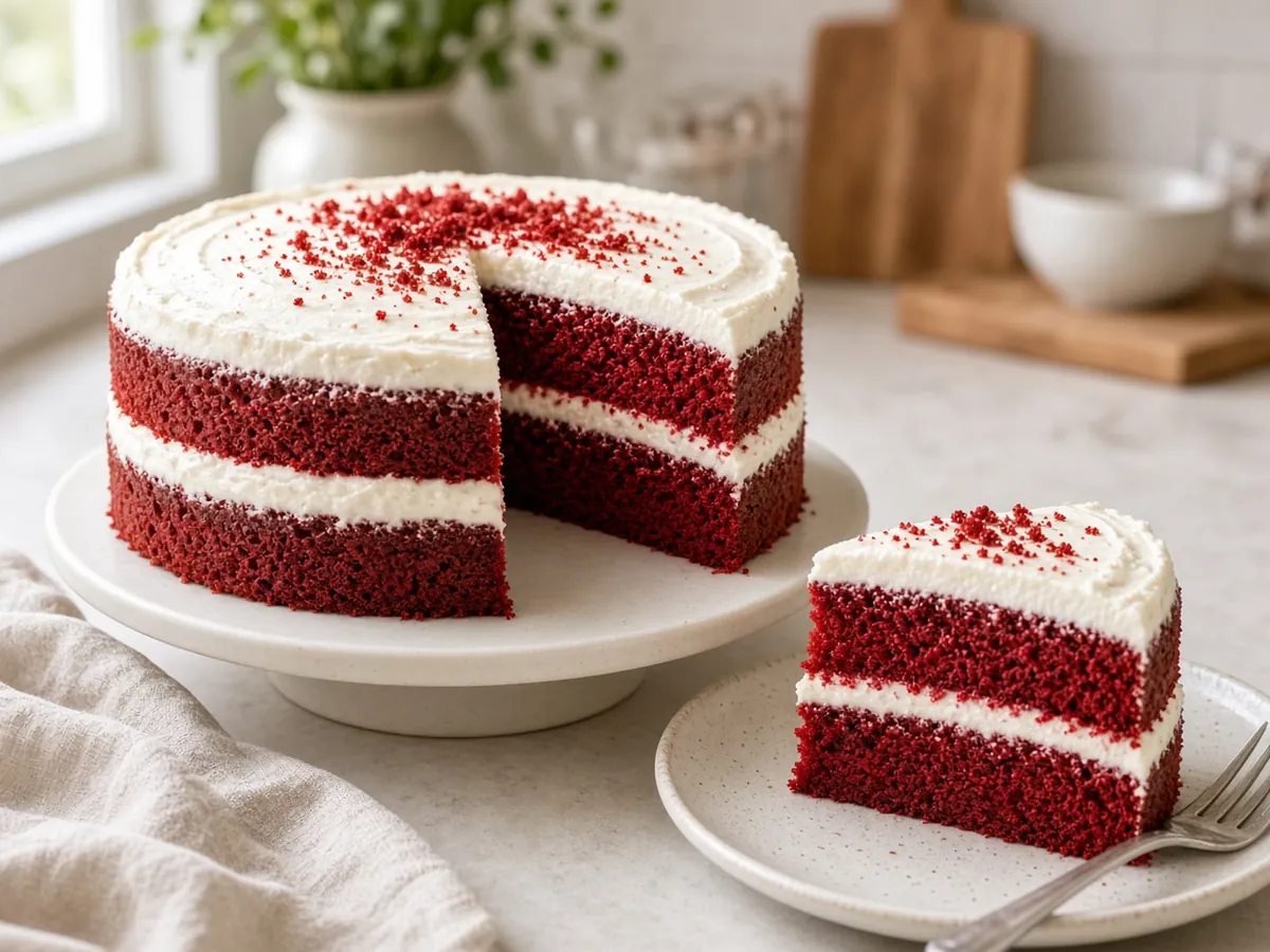 Red Velvet Cake: A tender, buttermilk red velvet layer cake with a hint of cocoa and cream cheese frosting.
