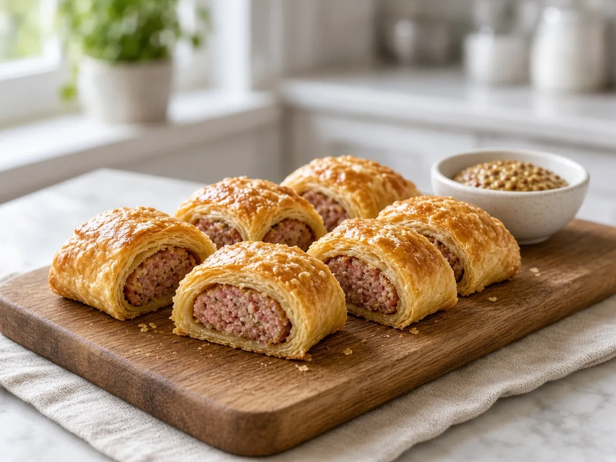Sausage Rolls: Seasoned pork sausage wrapped in golden puff pastry, cut into party-sized pieces.