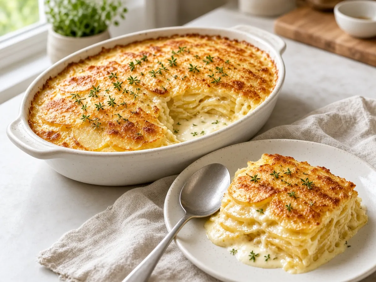 Scalloped Potatoes: Thin potato slices baked in a creamy garlic-thyme sauce until tender and golden.