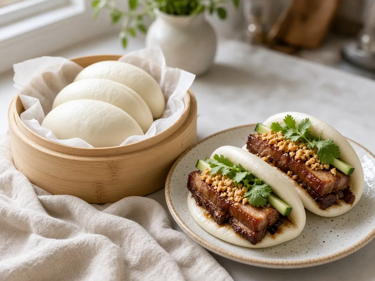 Steamed Pork Buns (Bao): Fluffy white steamed buns filled with a savory-sweet pork and green onion filling.