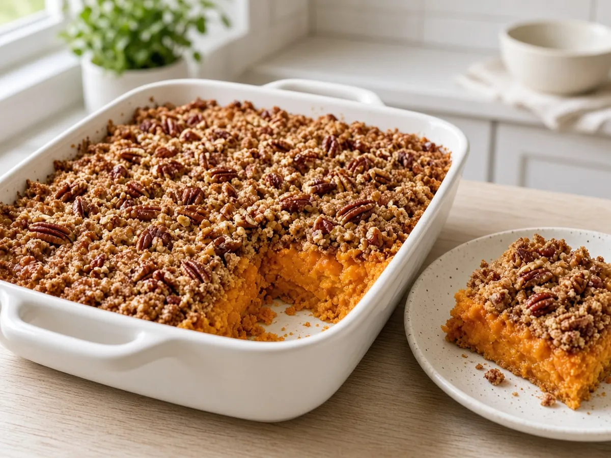 Sweet Potato Casserole: Creamy, lightly spiced mashed sweet potatoes under a crunchy brown-sugar pecan streusel.