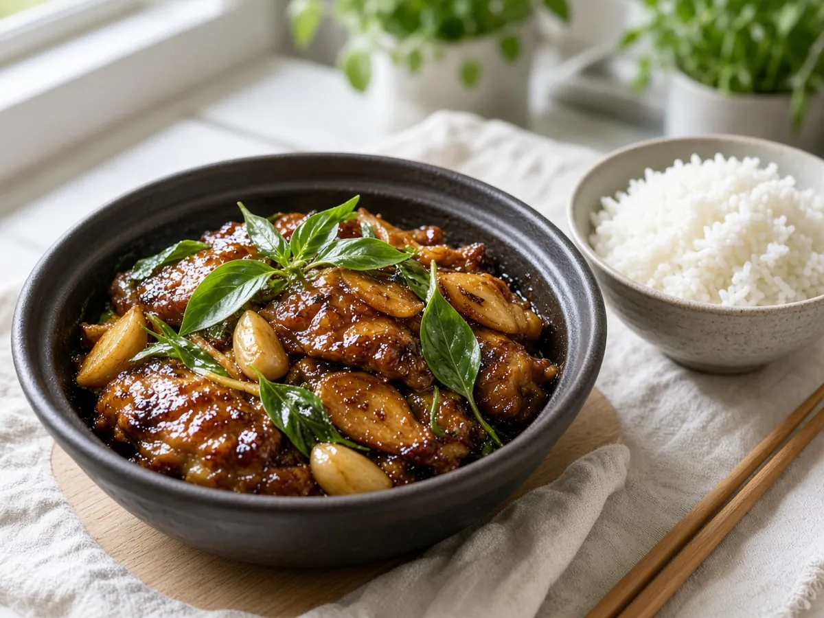 Three-Cup Chicken (San Bei Ji): Taiwanese chicken braised in sesame oil, soy sauce and rice wine with lots of garlic, ginger and basil.
