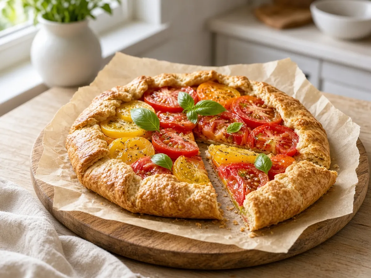 Savory Tomato Galette: A rustic free-form tart of ripe tomatoes and melted cheese over a mustard-brushed flaky crust.