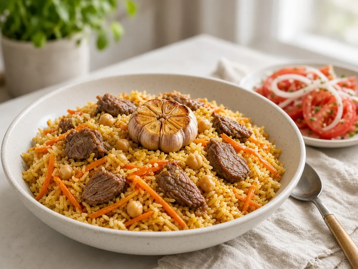 Uzbek Plov: Central Asia's beloved one-pot pilaf of lamb, sweet yellow carrots, cumin and a whole head of garlic.