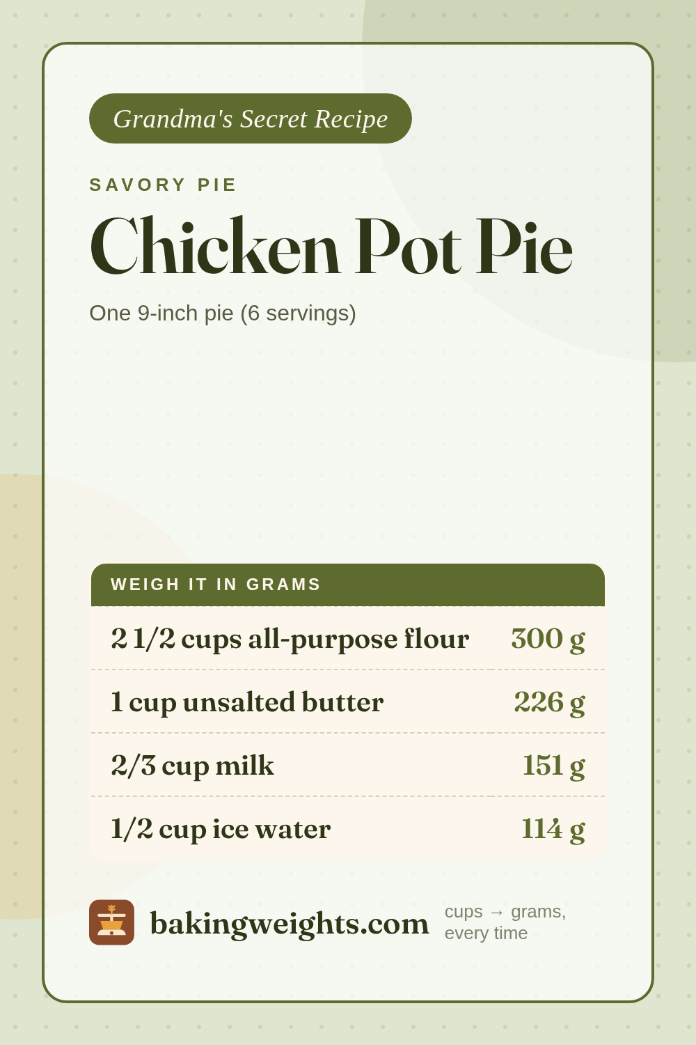 Chicken Pot Pie Recipe (Grams & Cups) | Baking Weights