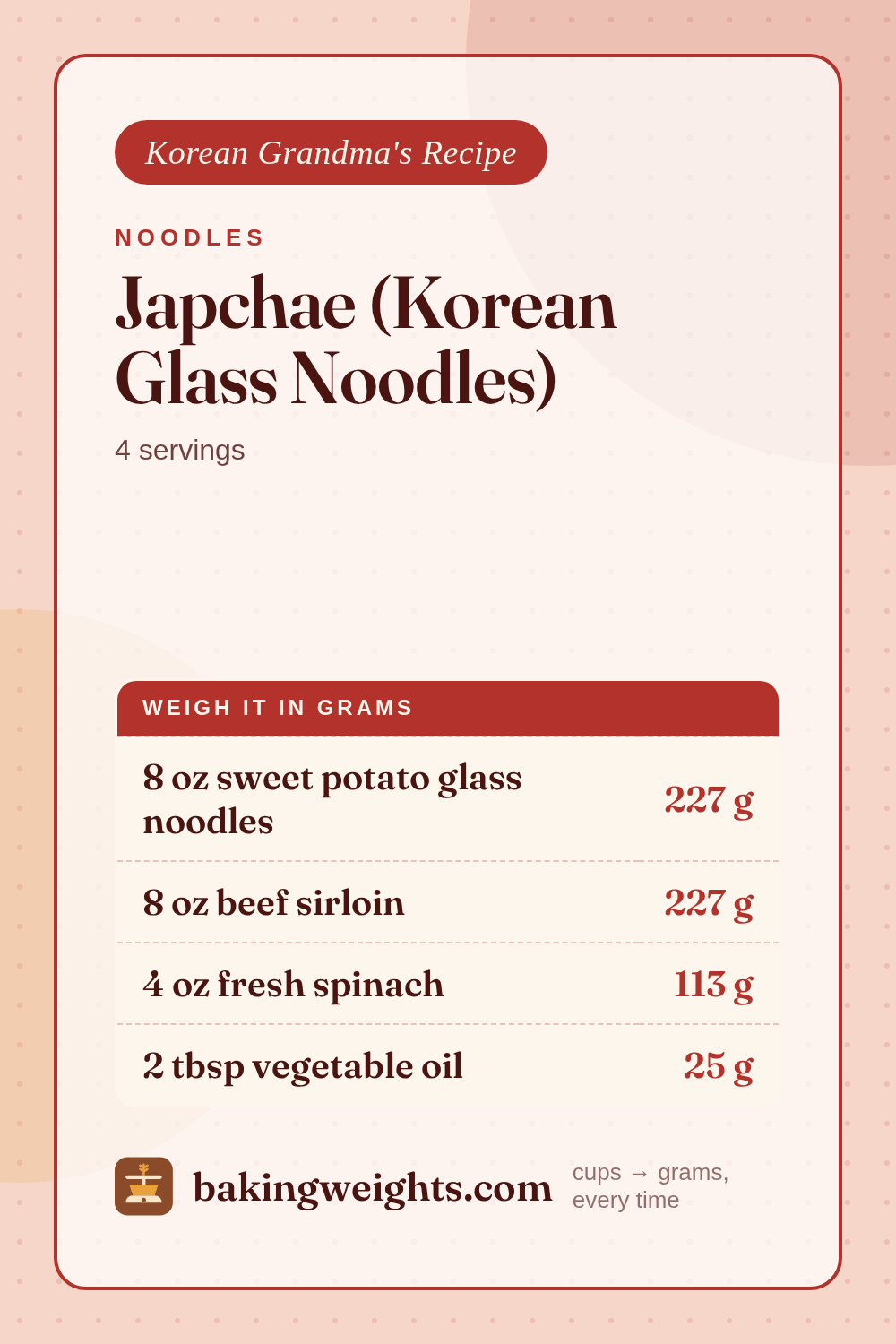 Japchae (Korean Glass Noodles) Recipe (Grams & Cups) | Baking Weights