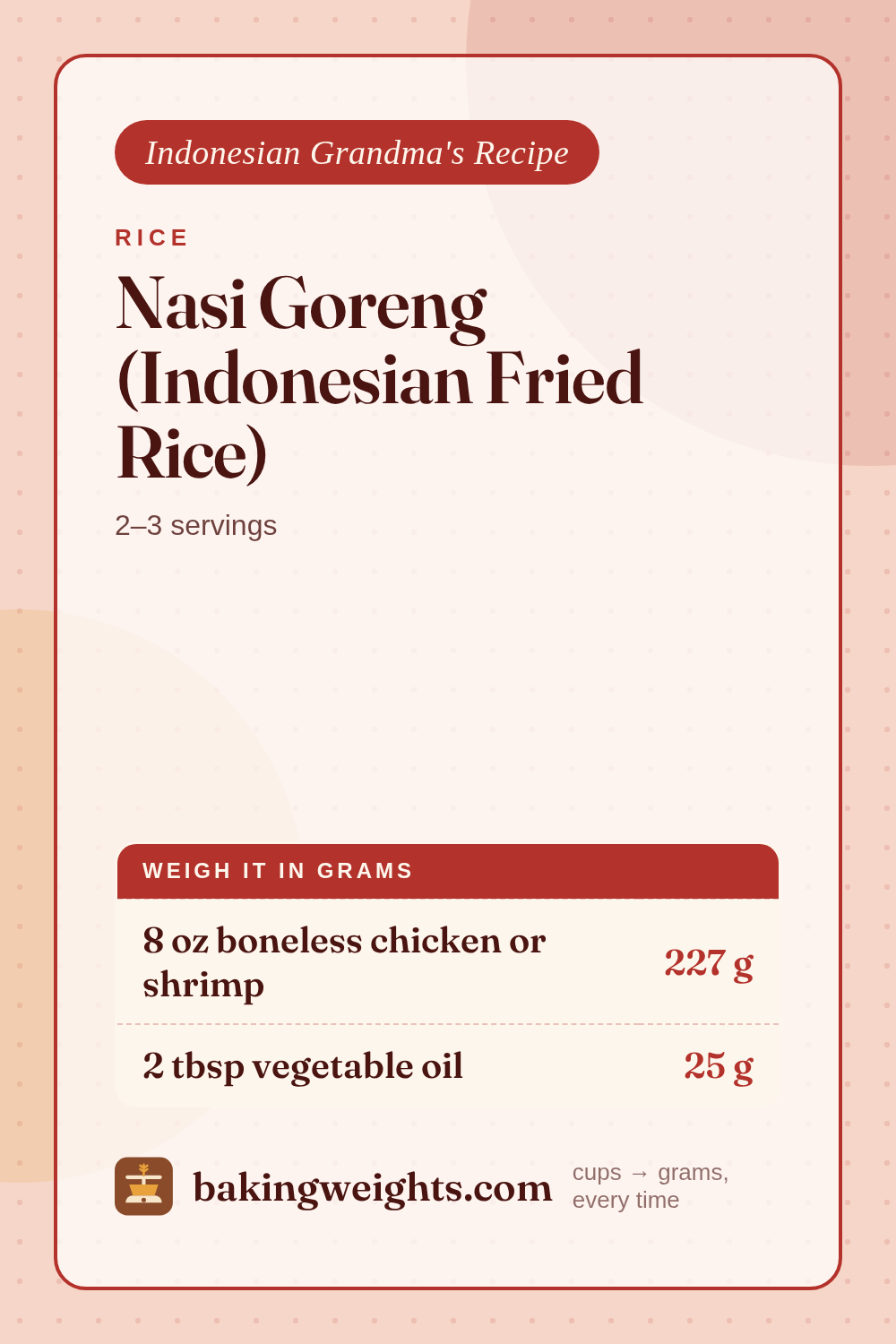 Nasi Goreng (Indonesian Fried Rice) Recipe (Grams & Cups) | Baking Weights